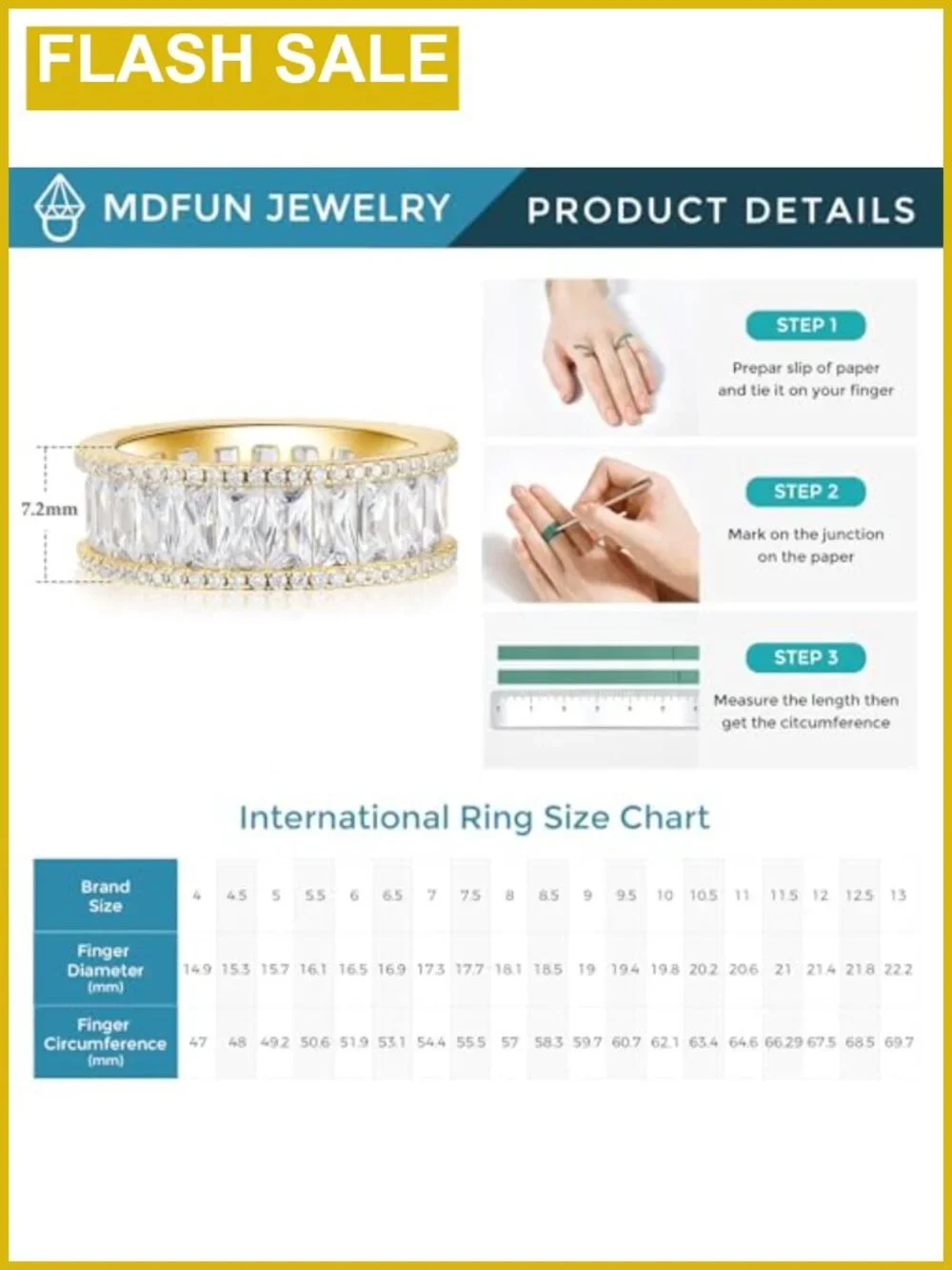 18K Gold Plated Eternity Wedding Band Baguette Cubic Zirconia Ring